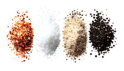 Four piles of different seasonings salt and pepper varietals and other flavorful options