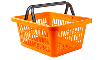 Close-up of an empty, bright orange plastic shopping basket with black handle against black