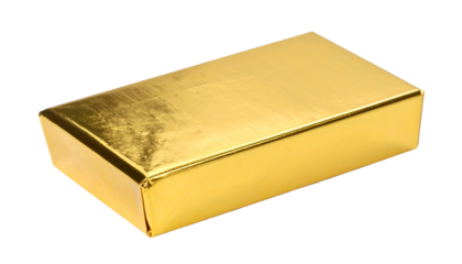 Close-up of a rectangular block tightly wrapped in bright, shiny, golden foil