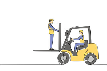 Single line drawing of two male workers with a forklift where one stands on the forks, representing dangerous workplace actions for National Forklift Safety Day in an industry concept.