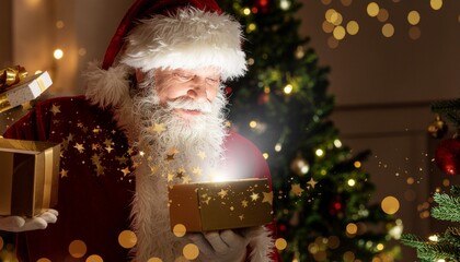 Merry senior Santa Claus with a traditional white beard and hat carries a festive gift near a decorated Christmas tree for a seasonal winter celebration