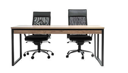 Office setup with two black chairs facing each other at a wooden desk, black background