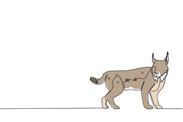 Single line drawing of a lynx standing with alert posture, reflecting wildlife strength and wilderness spirit. Nature concept celebrating International Lynx Day with conservation awareness theme. © Simple Line