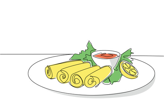 Continuous line drawing of delicious egg rolls arranged on a plate with sauce, lemon, and green garnish, symbolizing National Egg Roll Day in a food concept and international event theme.
