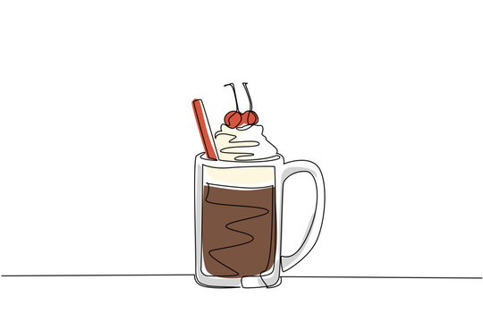 Continuous line drawing of a mug filled with root beer float, topped with whipped cream and cherries, designed for National Black Cow Day with food and beverage concept.