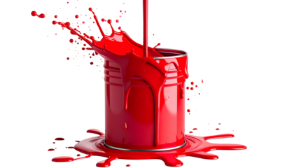 A vibrant red paint pouring and splashing from a metal container against a black background