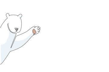 Adorable polar bear waving its paw from behind a wall, illustrated in single line drawing style, representing nature concept and highlighting International Polar Bear Day awareness.