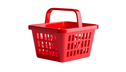 Fototapeta premium A bright red, plastic, empty shopping basket, isolated against a solid black background