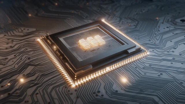Closeup of a futuristic computer processor chip on a circuit board with glowing lights.