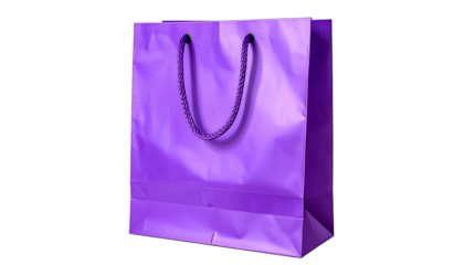 A shiny purple shopping bag with a rope handle, isolated on a black background