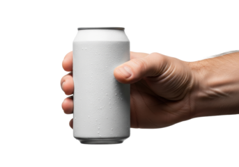 close-up of a strong male caucasian hand firmly gripping a blank matte white aluminum beverage can with condensation, captured with macro lens and high-key rim lighting in a sterile studio