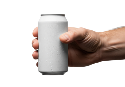 close-up of a strong male caucasian hand firmly gripping a blank matte white aluminum beverage can with condensation, captured with macro lens and high-key rim lighting in a sterile studio - Powered by Adobe