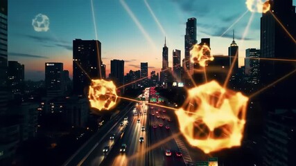 Cityscape at dusk featuring an abstract golden network overlaying a highway with blurred car lights and silhouetted buildings under a turquoise sky - Powered by Adobe