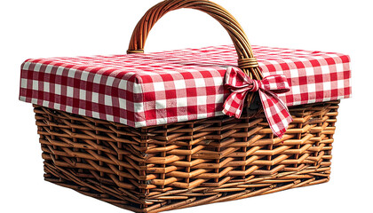 A wicker picnic basket with a red checkered cloth cover, tied with a bow