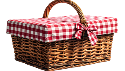 A wicker picnic basket with a red checkered cloth cover, tied with a bow