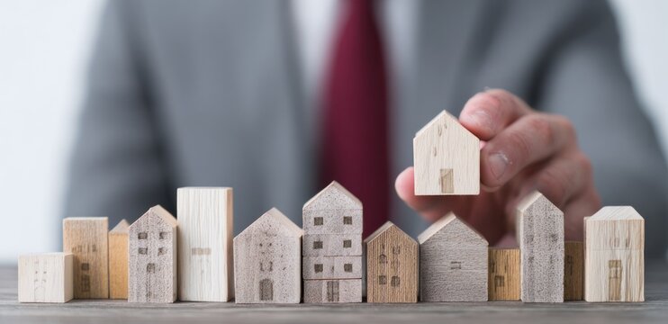 Businessman holding a small wooden house model among various sized houses on a table.