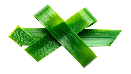 Four overlapping, green, oblong leaves arranged in an X shape against a black background