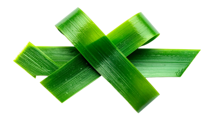 Four overlapping, green, oblong leaves arranged in an X shape against a black background