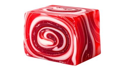 Swirled red, white, and dark red cube-shaped candy on a black background