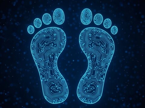 Digital Footprint Concept with Glowing Blue Circuit Board Footprints on Dark Background.