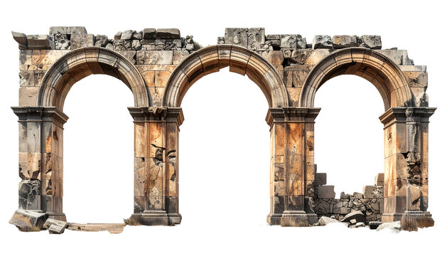 Weathered stone archway ruin with three archways against a black backdrop, partially damaged