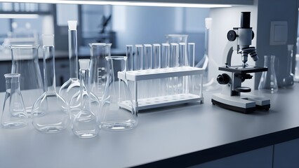Generic lab bench with empty beakers, flasks, test tube rack and microscope