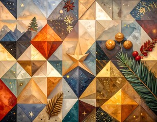 Geometric mosaic with star, festive nature elements, warm glow