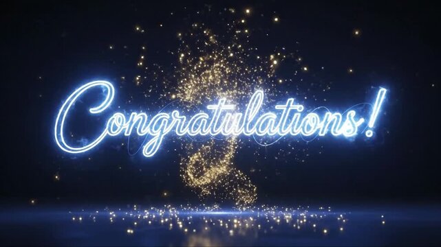 Celebratory Neon Light Display with Sparkling Gold Effects and Congratulations Message