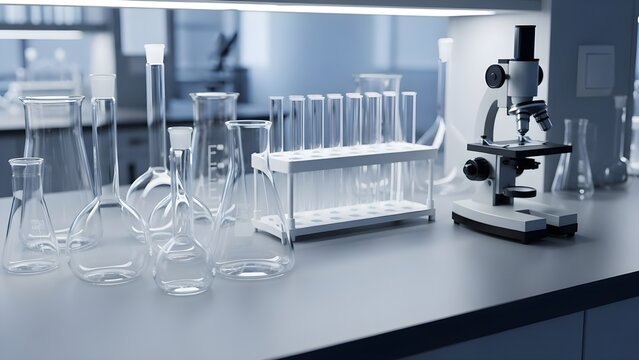 Generic lab bench with empty beakers, flasks, test tube rack and microscope