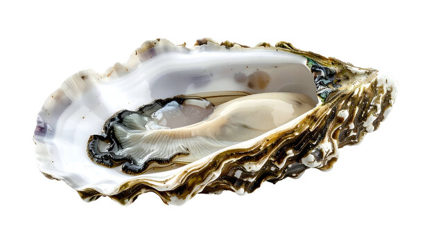 Open oyster shell revealing fresh seafood with natural texture against a black background