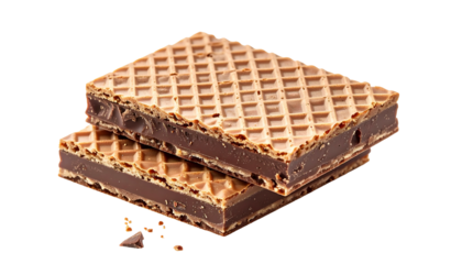Two chocolate wafer cookies, stacked, revealing layers of creamy filling and textured top
