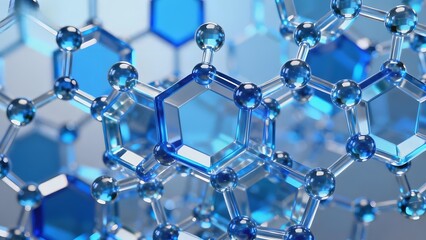 Molecular structure with hexagonal lattice pattern in blue tones