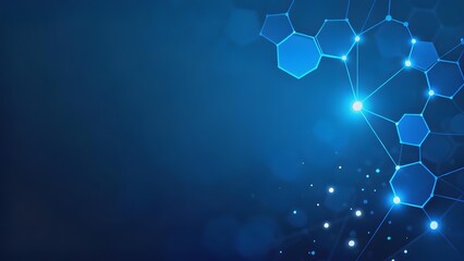 Abstract blue hexagonal network with glowing nodes and connecting lines on a dark background