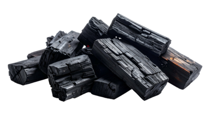 A pile of dark, charred wood pieces, arranged against a black background