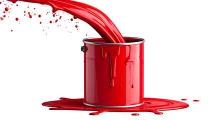 A vibrant image of crimson paint pouring from a metal can, spilling onto a surface