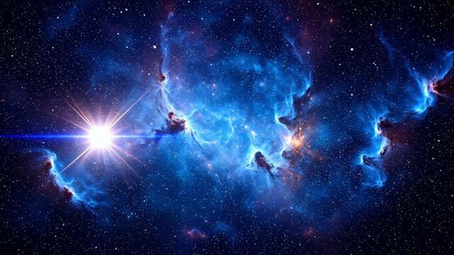 A star shines brightly in a vibrant blue nebula filled with gas and dust in outer space