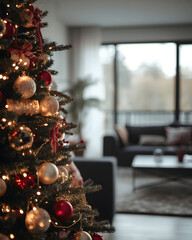 Cozy living room with decorated Christmas tree and warm lights, festive home interior atmosphere creating comfort, holiday celebration, and seasonal family lifestyle
