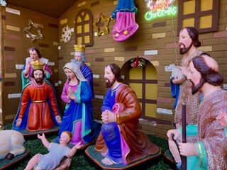 Christmas nativity scene. Holy Family&mdash;Mary, Joseph, and the infant Jesus in a manger.
