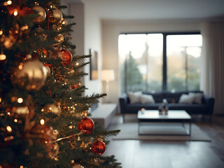 Cozy living room with decorated Christmas tree and warm lights, festive home interior atmosphere creating comfort, holiday celebration, and seasonal family lifestyle
