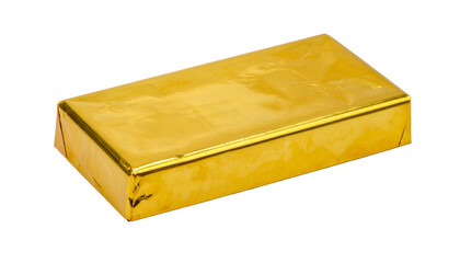 Close-up of a rectangular package wrapped in shiny, golden foil, isolated on black