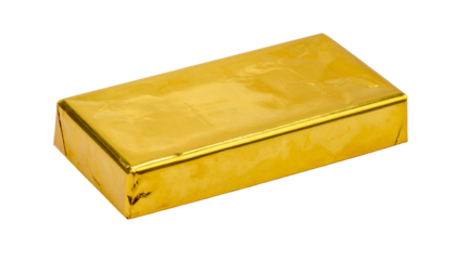 Close-up of a rectangular package wrapped in shiny, golden foil, isolated on black