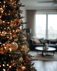 Cozy living room with decorated Christmas tree and warm lights, festive home interior atmosphere creating comfort, holiday celebration, and seasonal family lifestyle
