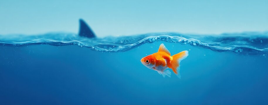 Goldfish swimming near the surface of the water with a shark fin in the background.
