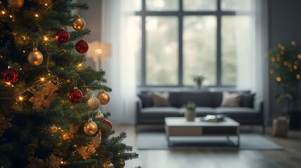 Cozy living room with decorated Christmas tree and warm lights, festive home interior atmosphere creating comfort, holiday celebration, and seasonal family lifestyle

