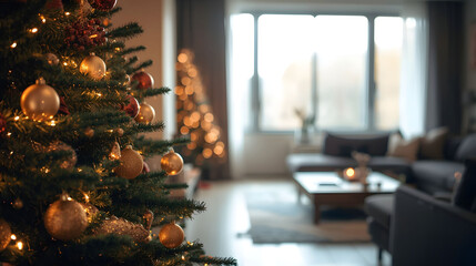 Cozy living room with decorated Christmas tree and warm lights, festive home interior atmosphere creating comfort, holiday celebration, and seasonal family lifestyle
