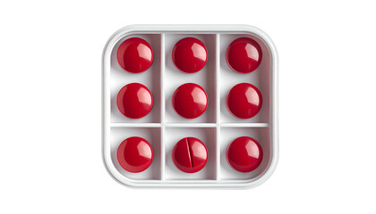 Nine red pills in a white pill organizer on a black background. One pill is cut