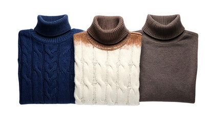 Three folded, turtleneck sweaters of varying colors in a studio setting