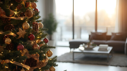 Cozy living room with decorated Christmas tree and warm lights, festive home interior atmosphere creating comfort, holiday celebration, and seasonal family lifestyle
