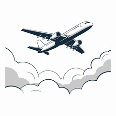 Naklejka premium Airplane flying through stylized clouds graphic illustration aircraft travel.