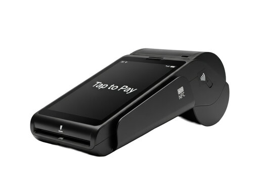 Matte black, sleek pos terminal with an illuminated 'tap to pay' touchscreen, captured from a 3/4 angle on a transparent seamless studio background, zero shadows. Concept for financial technology